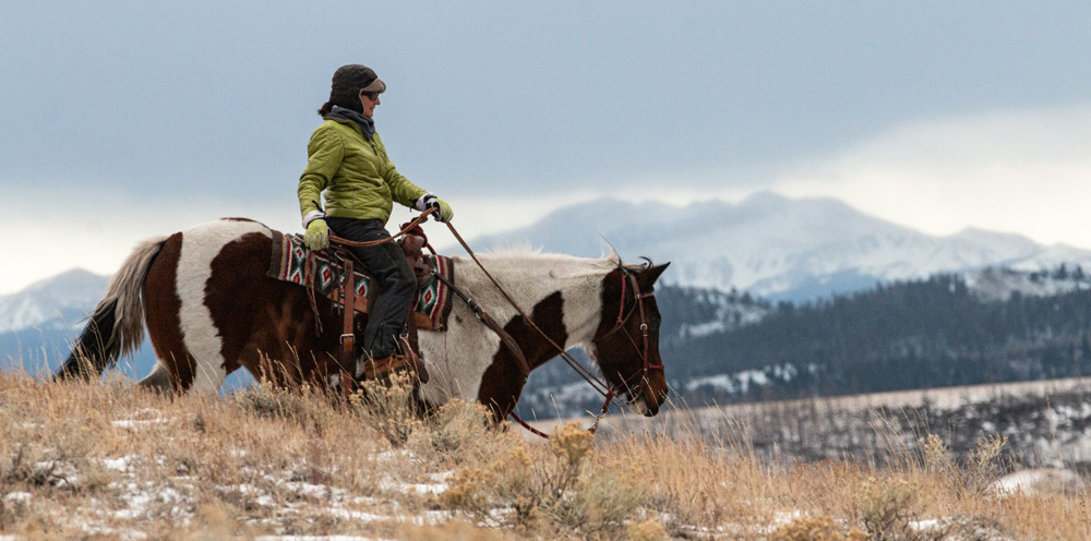 Person riding horse in front of mountains