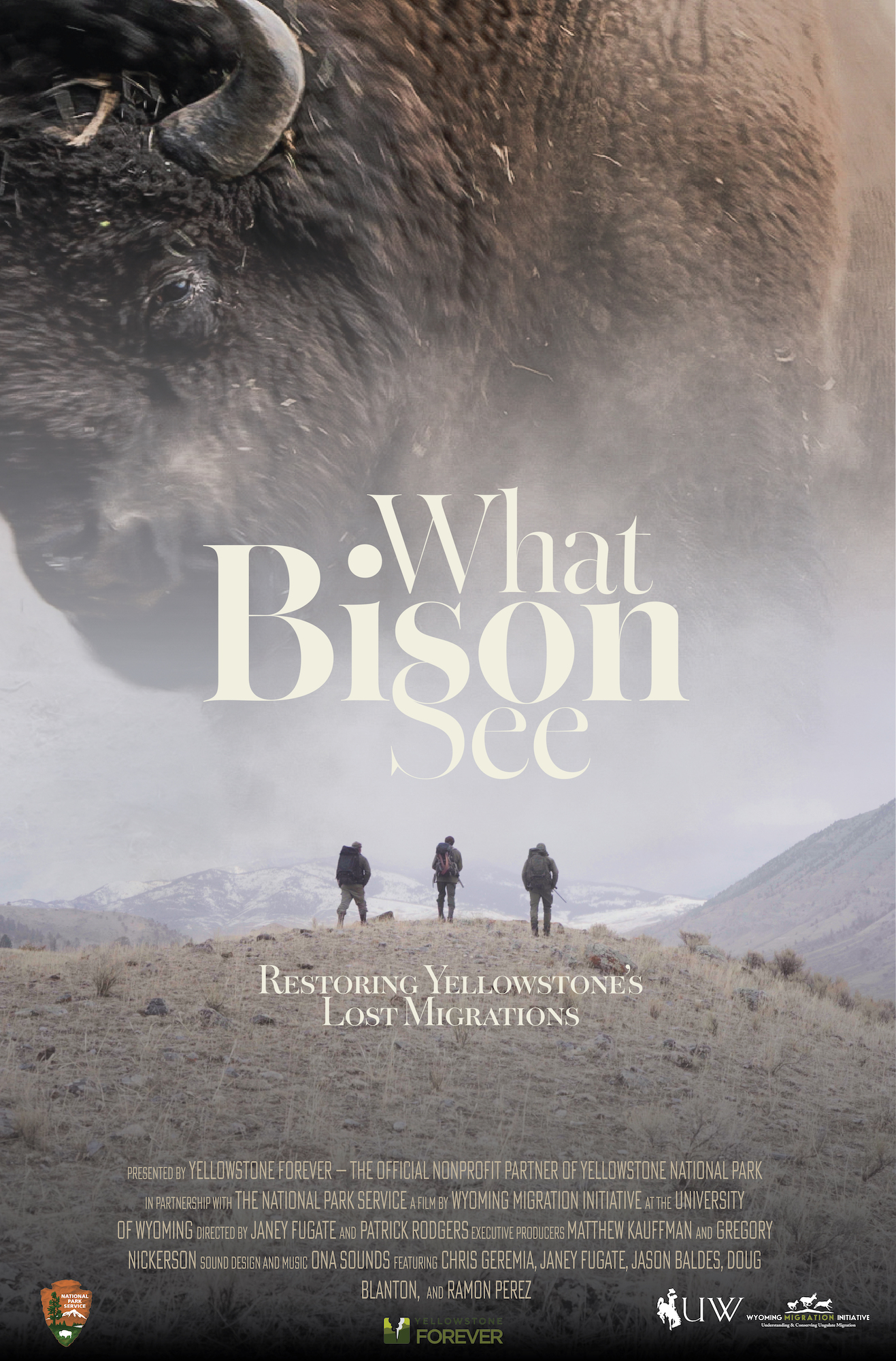 Poster for the What Bison See film featuring a bison silhouette and three national park bison biologists at the top of a hill in Yellowstone